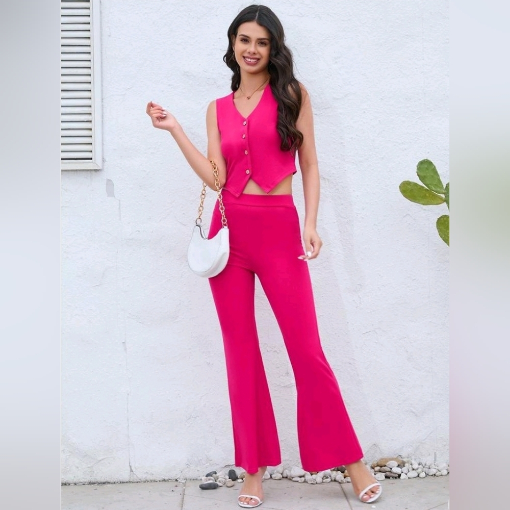 New with tags! Fashion Womens XL Rose Pink Wide Leg Pant Suit & Blazer Top